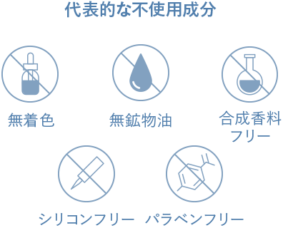 代表的な不使用成分 無着色 無鉱物油 合成香料フリー シリコンフリー パラベンフリー