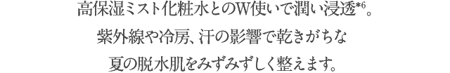 ブースター化粧水の後は、 美容成分たっぷりの高保湿ミストを重ねづけ。 一気に潤し、みずみずしいハリ肌へ。
