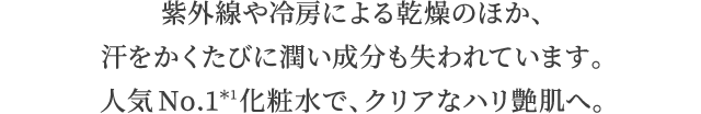 紫外線や冷房による乾燥のほか、汗をかくたびに潤い成分も失われています。人気No.1＊1化粧水で、クリアなハリ艶肌へ。