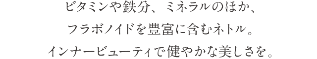 ビタミンや鉄分、ミネラルのほか、フラボノイドを豊富に含むネトル。インナービューティで健やかな美しさを。