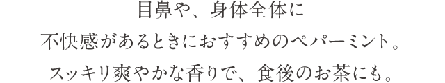 目鼻や、身体全体に不快感があるときにおすすめのペパーミント。スッキリ爽やかな香りで、食後のお茶にも。