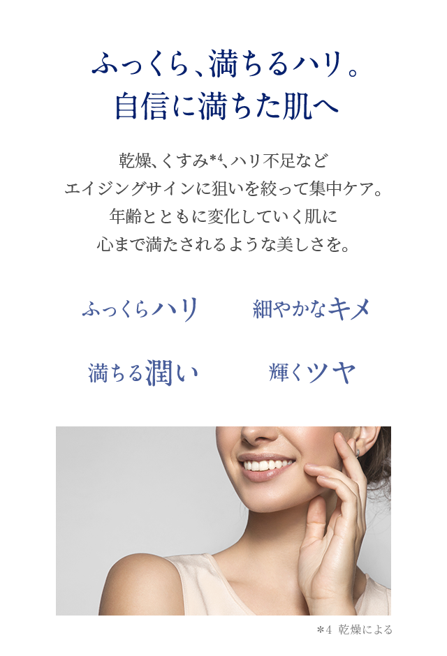ふっくら、満ちるハリ。自信に満ちた肌へ 乾燥、くすみ*4、ハリ不足などエイジングサインに狙いを絞って集中ケア。年齢とともに変化していく肌に心まで満たされるような美しさを。 ふっくらハリ 細やかなキメ 満ちる潤い 輝くツヤ