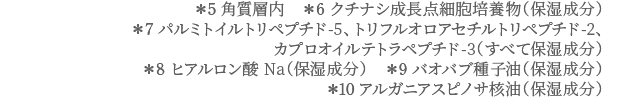 *5 角質層内 *6 クチナシ成長点細胞培養物(保湿成分) *7 パルミトイルトリペプチド-5、トリフルオロアセチルトリペプチド-2、カプロオイルテトラペプチド-3(すべて保湿成分) *8 ヒアルロン酸Na(保湿成分) *9 バオバブ種子油(保湿成分) *10アルガニアスピノサ核油(保湿成分)