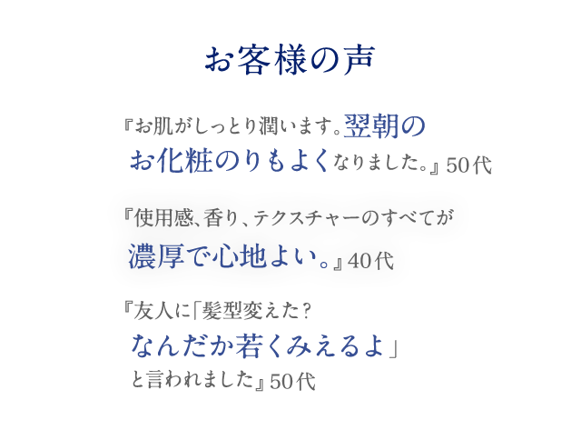 お客様の声『お肌がしっとり潤います。翌朝のお化粧のりもよくなりました。』50代 『使用感、香り、テクスチャーのすべてが濃厚で心地よい。』40代 『友人に「髪型変えた？なんだか若くみえるよ」と言われました』50代