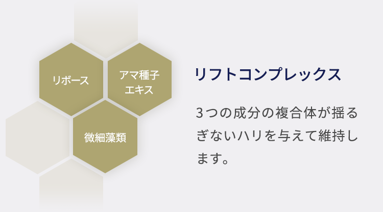 リフトコンプレックス 3つの成分の複合体が揺るぎないハリを与えて維持します。