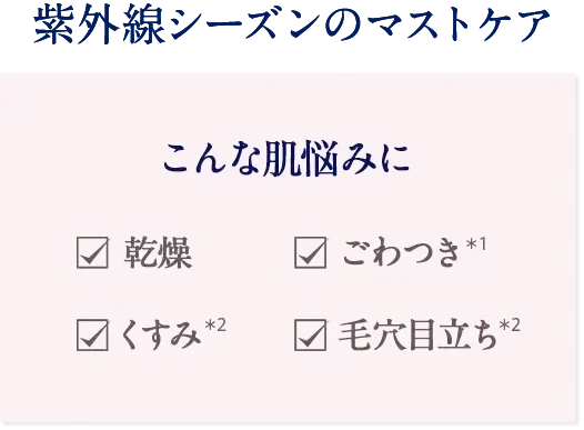 紫外線シーズンのマストケア こんな肌悩みに 乾燥 ごわつき くすみ 毛穴目立ち