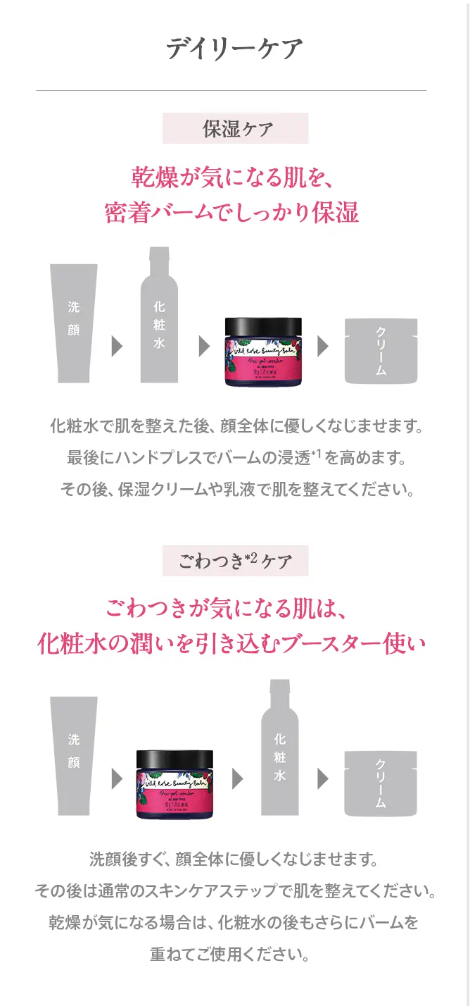 デイリーケア 保湿ケア 乾燥が気になる肌を、密着バームでしっかり保湿 ごわつきケア ごわつきが気になる肌は、化粧水の潤いを引き込むブースター使い