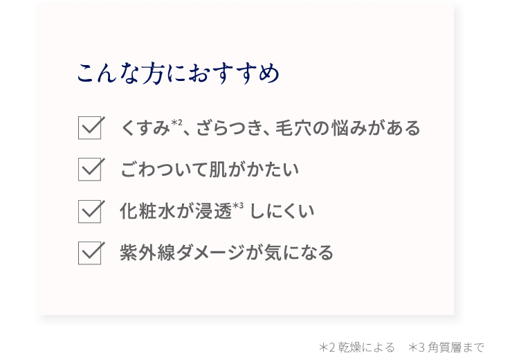 こんな方におすすめ くすみ*2、ざらつき、毛穴の悩みがある ごわついて肌がかたい 化粧水が浸透*3しにくい 紫外線ダメージが気になる
