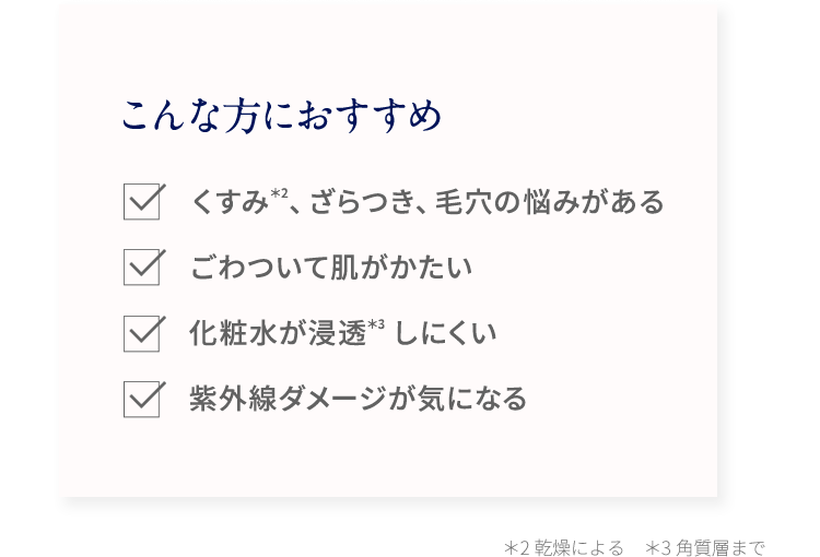 こんな方におすすめ くすみ＊2、ざらつき、毛穴の悩みがある ごわついて肌がかたい 化粧水が浸透＊3しにくい 紫外線ダメージが気になる