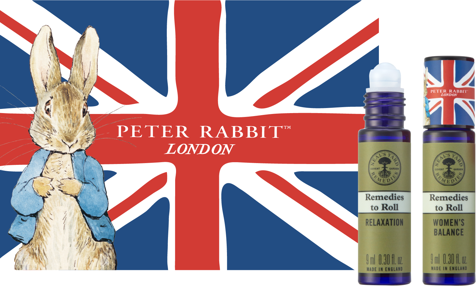  【限定】ピーターラビット™×ニールズヤード レメディーズ コラボレーション。イギリス国旗とピーターラビットのアート、限定コラボレーション パッケージのアロマパルスのキービジュアル。 