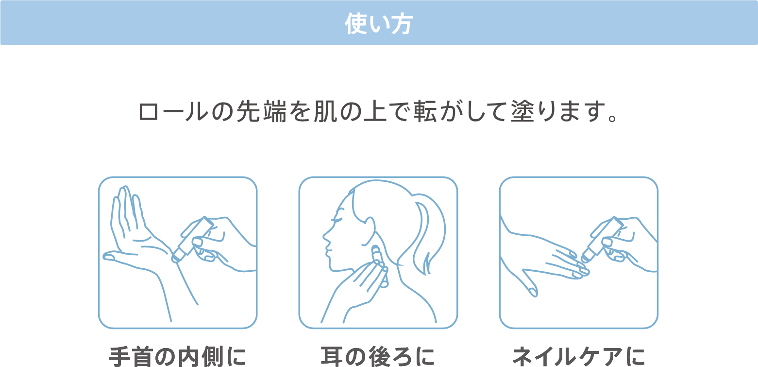 使い方 ロールの先端を肌の上で転がして塗ります。手首の内側に 耳の後ろに ネイルケアに