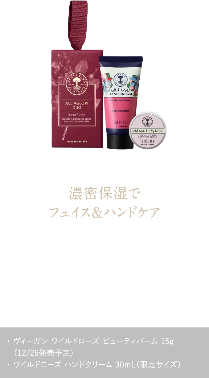 濃密保湿でフェイス＆ハンドケア 人気No.1＊美容バームのヴィーガン仕様をいち早く ワイルドローズ ビューティギフト ¥5,170（税込） ・ ヴィーガン ワイルドローズ ビューティバーム 15g（12/26発売予定）・ ワイルドローズ ハンドクリーム 30mL（限定サイズ）