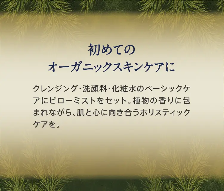 初めてのオーガニックスキンケアに クレンジング・洗顔料・化粧水のベーシックケアにピローミストをセット。植物の香りに包まれながら、肌と心に向き合うホリスティックケアを。