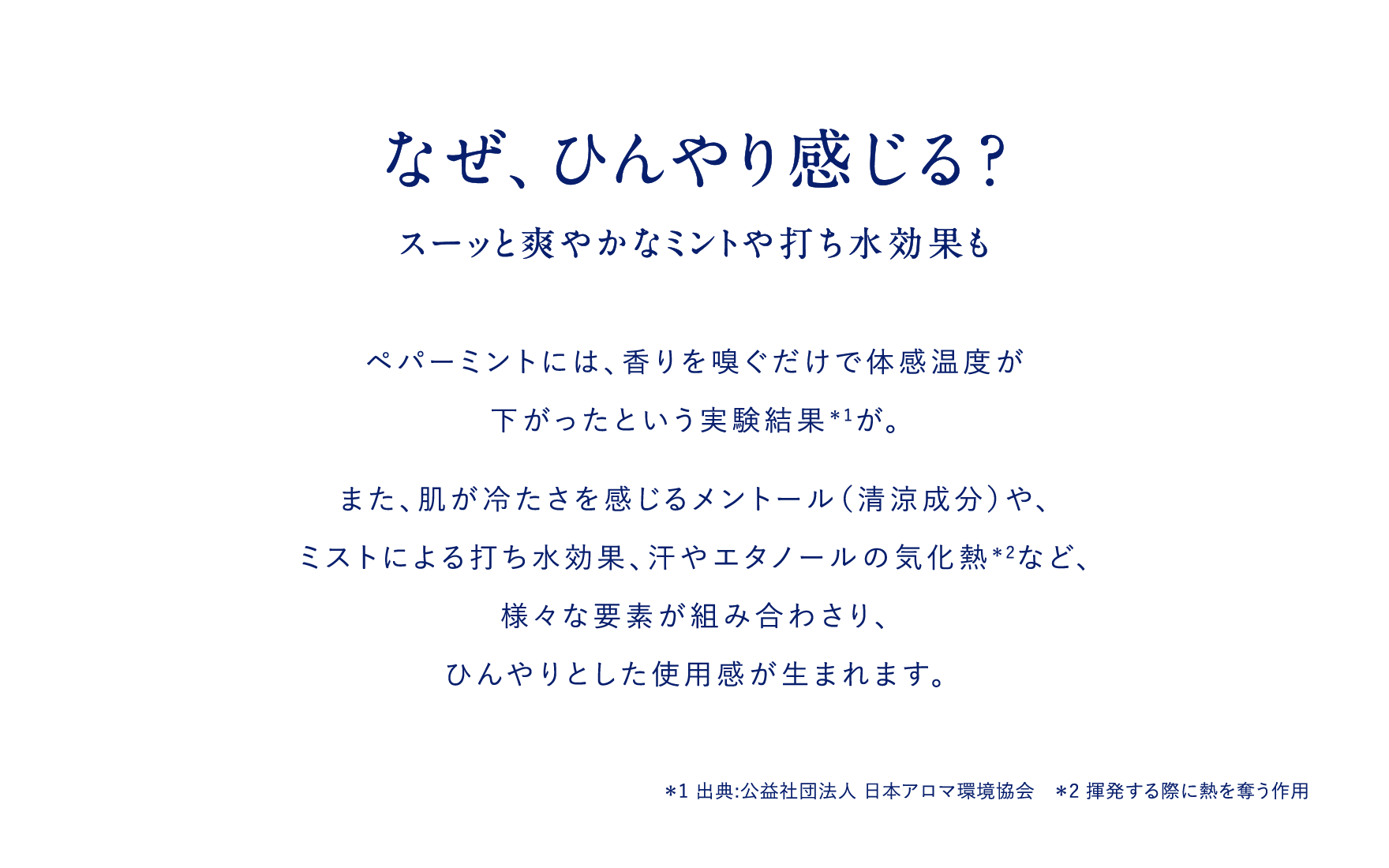 なぜ、ひんやり感じる？スーッと爽やかなミントや打ち水効果もペパーミントには、香りを嗅ぐだけで体感温度が下がったという実験結果＊1が。また、肌が冷たさを感じるメントール（清涼成分）や、ミストによる打ち水効果、汗やエタノールの気化熱＊2など、様々な要素が組み合わさり、ひんやりとした使用感が生まれます。＊1 出典:公益社団法人 日本アロマ環境協会　＊2 揮発する際に熱を奪う作用
