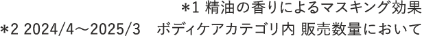 ＊1 精油の香りによるマスキング効果　＊2 2024/4～2025/3　ボディケアカテゴリ内 販売数量において