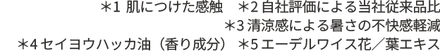 ＊1 肌につけた感触　＊2 自社評価による当社従来品比 ＊3 セイヨウハッカ油（香り成分） ＊4 エーデルワイス花／葉エキス