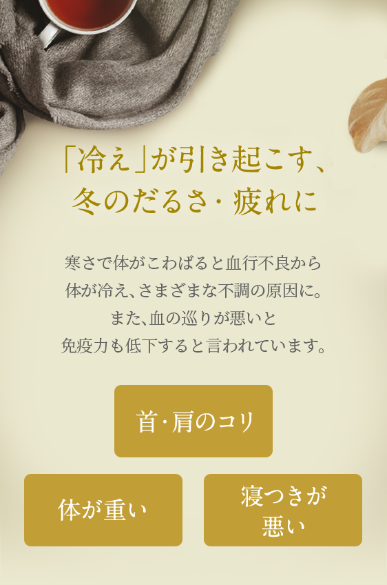 「冷え」が引き起こす、冬のだるさ・疲れに 寒さで体がこわばると血行不良から体が冷え、さまざまな不調の原因に。また、血の巡りが悪いと免疫力も低下すると言われています。